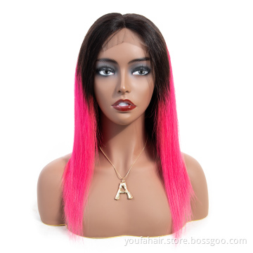 Virgin Brazilian Human Hair Hd Transparent 4x4 5x5 Lace Closure Wig 10A Ombre 1b Pink Colored Human Hair Natural Straight Wig